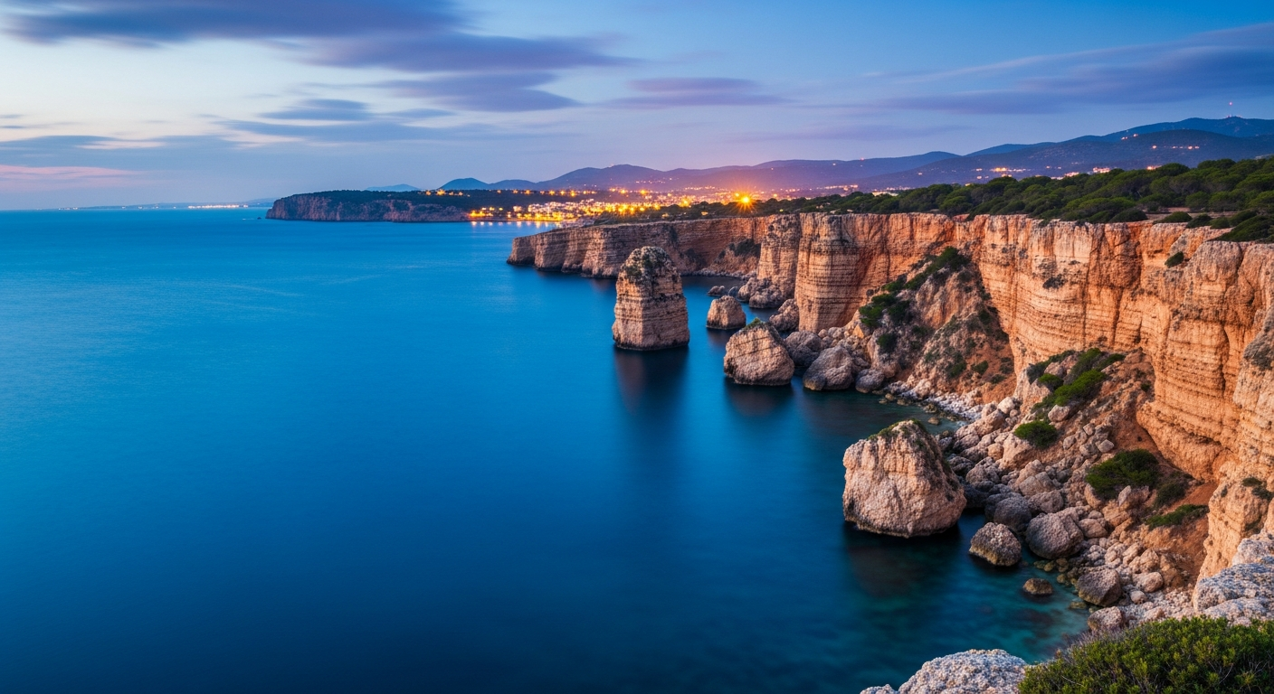 AI_IMAGE: Dramatic Mediterranean coastline at dusk with deep blue sea meeting rugged golden cliffs, distant lights of a coastal village twinkling, warm and cool tones blending at twilight, expansive sky with subtle clouds, feeling of Mediterranean luxury and timeless beauty | photorealistic | landscape
