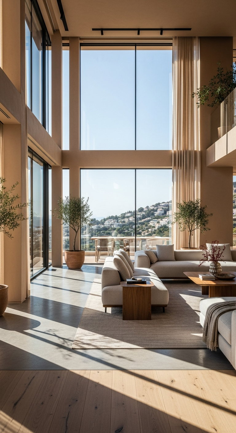 AI_IMAGE: Luxurious modern apartment interior with floor-to-ceiling glass windows overlooking a Mediterranean landscape, sleek minimalist furniture in warm neutral tones, polished concrete and light wood floors, natural light flooding through tall windows creating dramatic shadows, architectural interior with clean lines and warm sophistication, earth tones and natural materials | photorealistic | portrait
