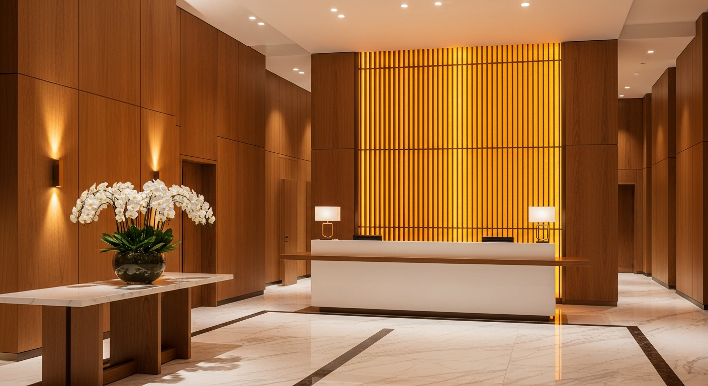 AI_IMAGE: Luxurious modern hotel or real estate lobby interior with warm wood paneling walls, backlit amber slatted feature wall behind an elegant reception desk, polished marble floor, a vase of white orchids on the counter, soft ambient lighting creating warm golden glow, contemporary high-end design with natural materials, clean minimalist luxury aesthetic | photorealistic | landscape