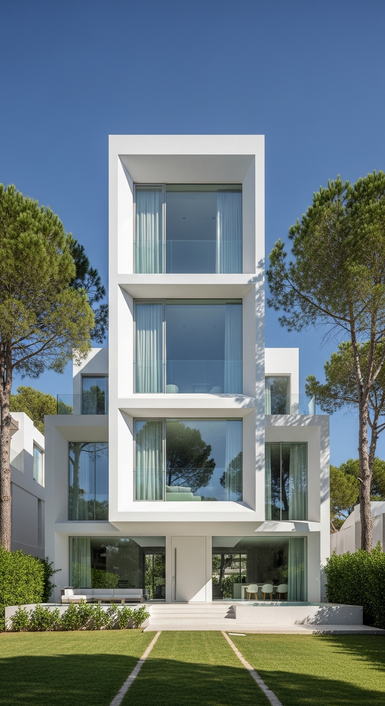 AI_IMAGE: Modern minimalist penthouse with clean architectural lines surrounded by mature pine trees in Calvia Bendinat Mallorca, geometric white facade with large glass panels, manicured lawn path leading to entrance, bright Mediterranean daylight, contemporary luxury design, vertical composition showing full height of building against sky | photorealistic | portrait