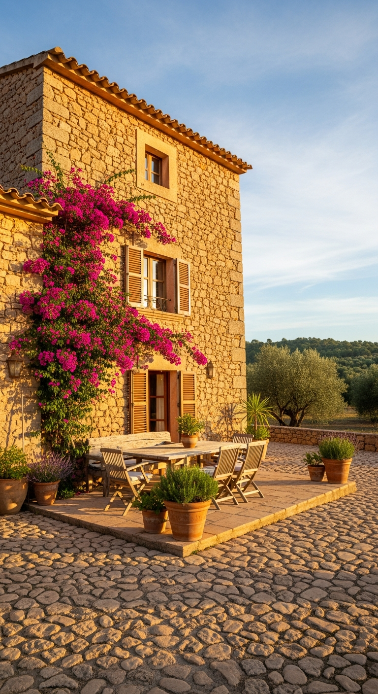 AI_IMAGE: Charming traditional Mallorcan stone finca with pink bougainvillea cascading over the warm honey-colored stone walls, rustic wooden furniture on a sunlit terrace, terracotta pots with Mediterranean plants, cobblestone patio, Santa Maria del Cami countryside, warm afternoon light, authentic rural luxury, vertical composition showing the full stone facade with climbing flowers and terrace | photorealistic | portrait