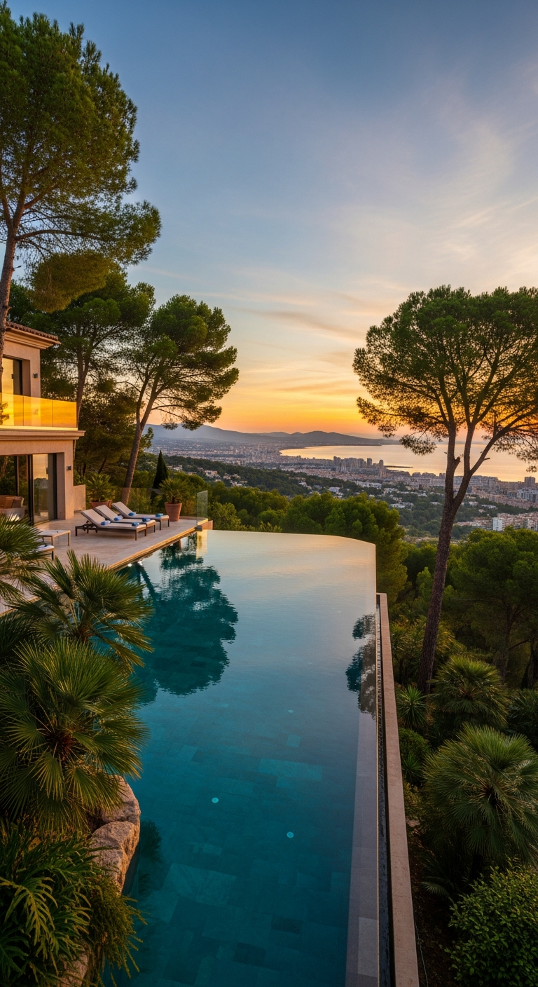 AI_IMAGE: Luxury Mediterranean villa with stunning infinity pool overlooking Palma bay at sunset, Son Vida hills, lush tropical vegetation, warm golden light reflecting on still water, elegant stone and glass architecture blending indoor outdoor living, pine trees framing the view, vertical composition emphasizing the tall facade and pool depth | photorealistic | portrait