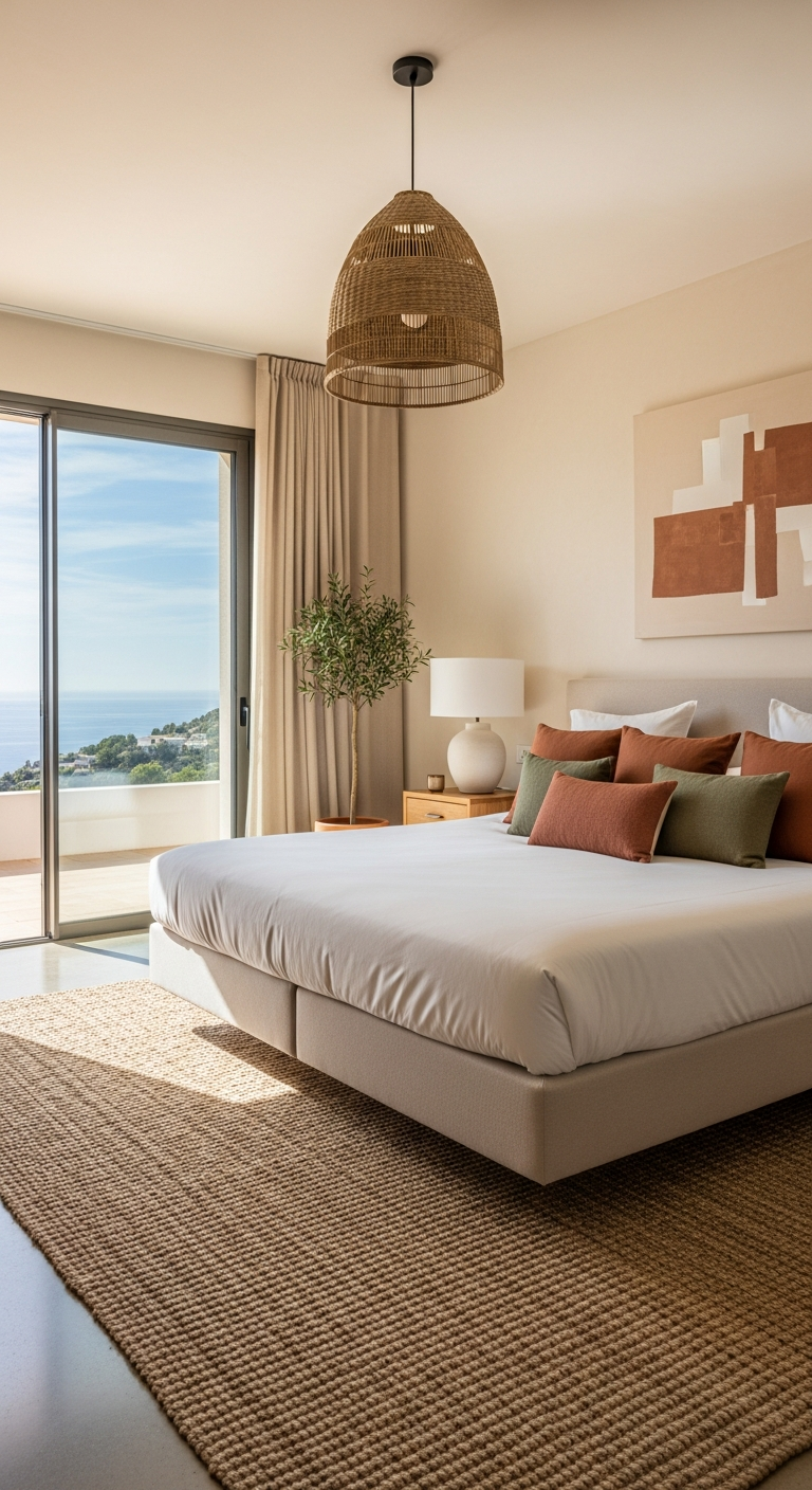 AI_IMAGE: Luxurious master bedroom suite in a Mediterranean villa, king bed with crisp white linen and earth-toned throw pillows, large floor-to-ceiling glass doors opening to a private terrace with sea view, natural light streaming in, warm wood bedside tables, minimalist elegant decor, woven pendant lamp, polished concrete floor with natural fiber rug | photorealistic | portrait