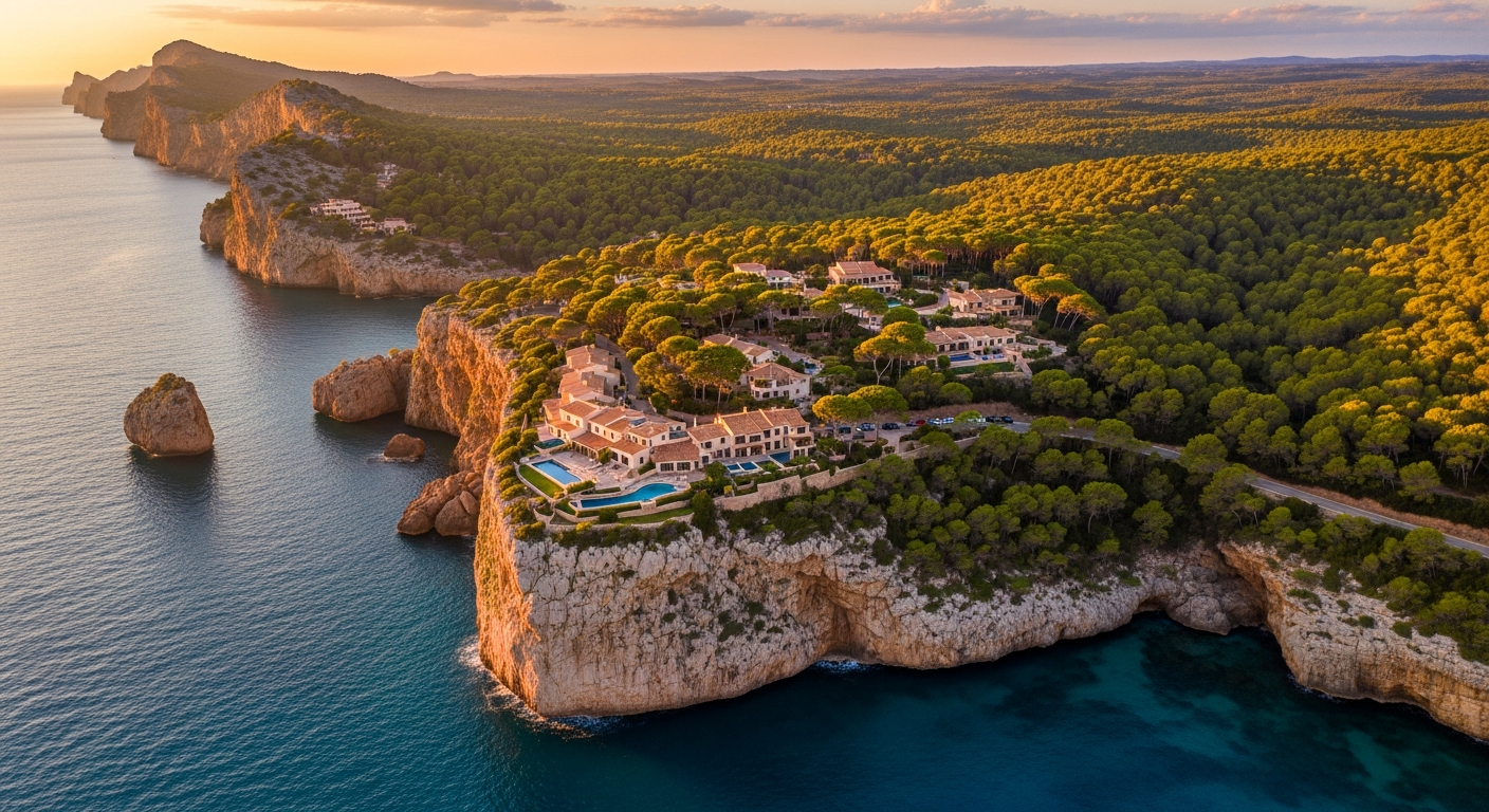 AI_IMAGE: Aerial view of the dramatic Mallorcan coastline at golden hour, turquoise Mediterranean waters meeting rugged limestone cliffs, a luxury villa compound visible on the clifftop surrounded by pine forests, winding coastal road, warm amber light creating long shadows across the landscape, cinematic wide angle showing the grandeur of the island | photorealistic | landscape