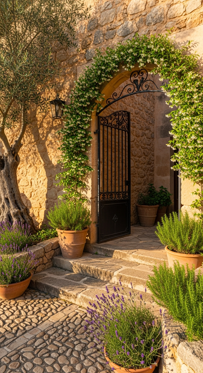AI_IMAGE: Charming entrance to a traditional Mallorcan finca, honey-colored sandstone walls with ornate iron gate, mature olive tree casting dappled shadows on cobblestone path, terracotta pots with lavender and rosemary, climbing jasmine on the facade, warm Mediterranean afternoon light, sense of heritage and craftsmanship | photorealistic | portrait