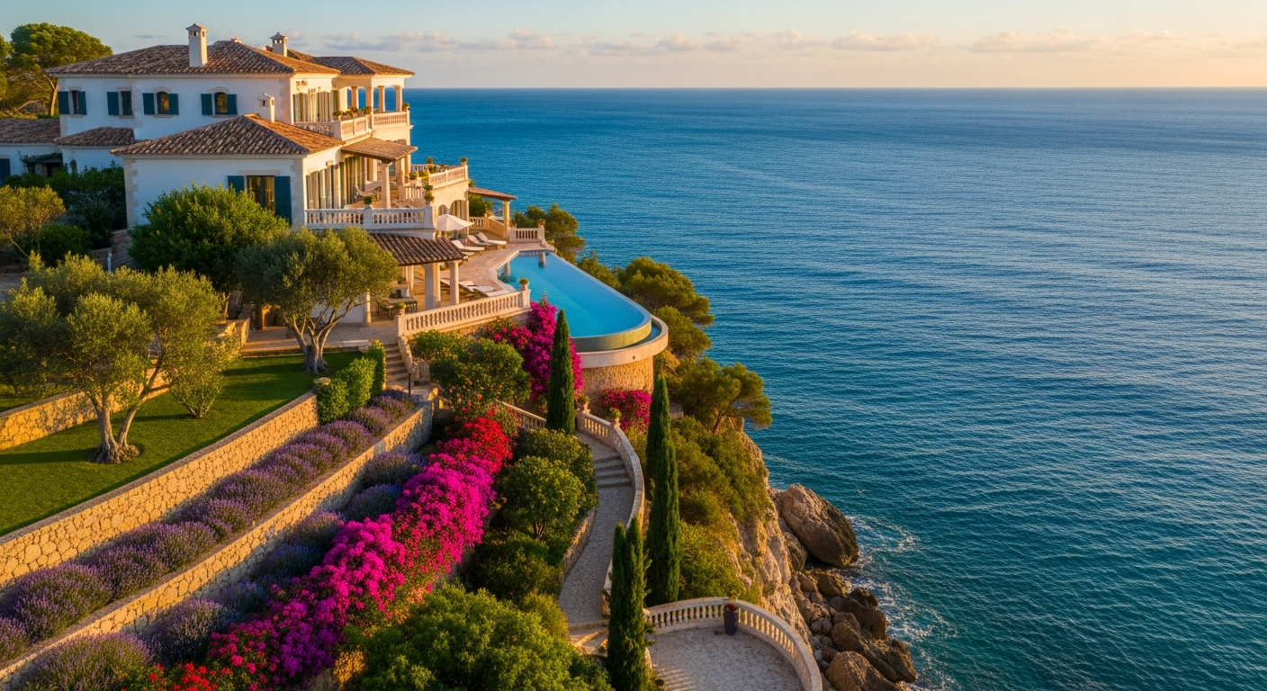 AI_IMAGE: Aerial view of a luxury Mediterranean villa perched on a clifftop overlooking deep turquoise sea in Mallorca, warm golden hour light illuminating the white stone facade, infinity pool reflecting the sky, lush gardens with olive trees and bougainvillea, sense of exclusive privacy and premium real estate, cinematic composition | photorealistic | landscape