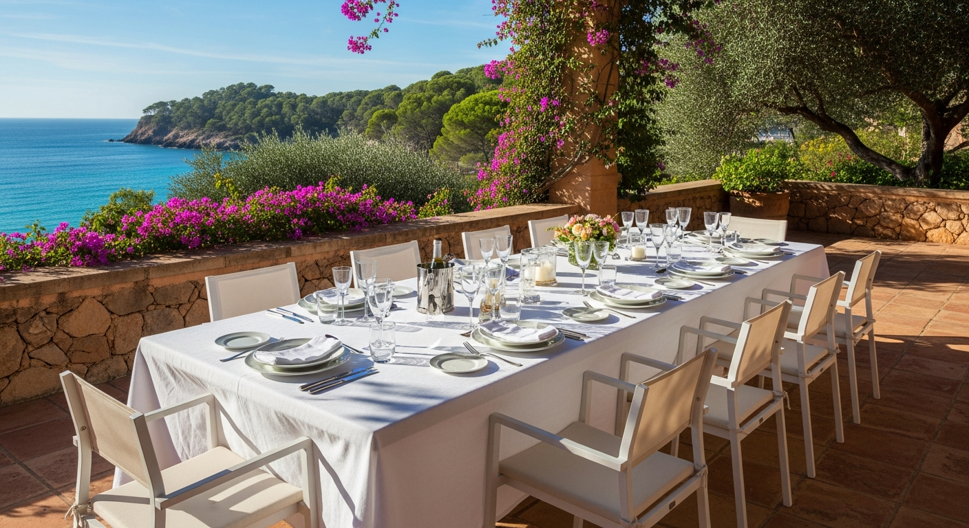 AI_IMAGE: Luxury Mediterranean villa terrace with elegant outdoor dining setup, white linen tablecloth, crystal glasses catching warm afternoon light, overlooking turquoise sea and pine-covered hills in Mallorca, terracotta floor tiles, bougainvillea climbing stone walls, sense of refined Mediterranean living and aspirational lifestyle | photorealistic | landscape
