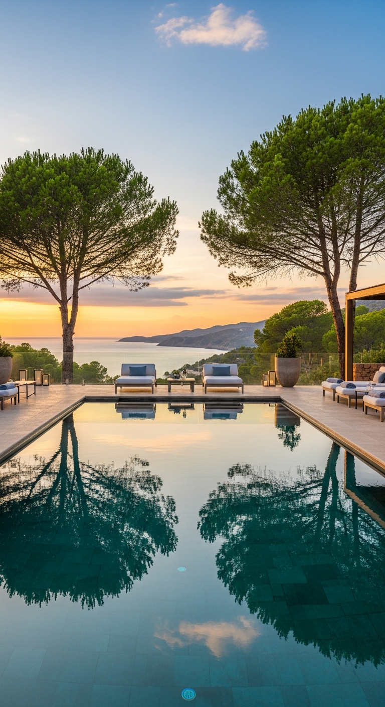 AI_IMAGE: Stunning infinity pool of a luxury Mallorcan villa at golden hour, warm light reflecting on still water surface, stone terrace with elegant loungers, Mediterranean pine trees framing the view of distant sea, architectural modern design blending with natural landscape, peaceful serene atmosphere | photorealistic | portrait