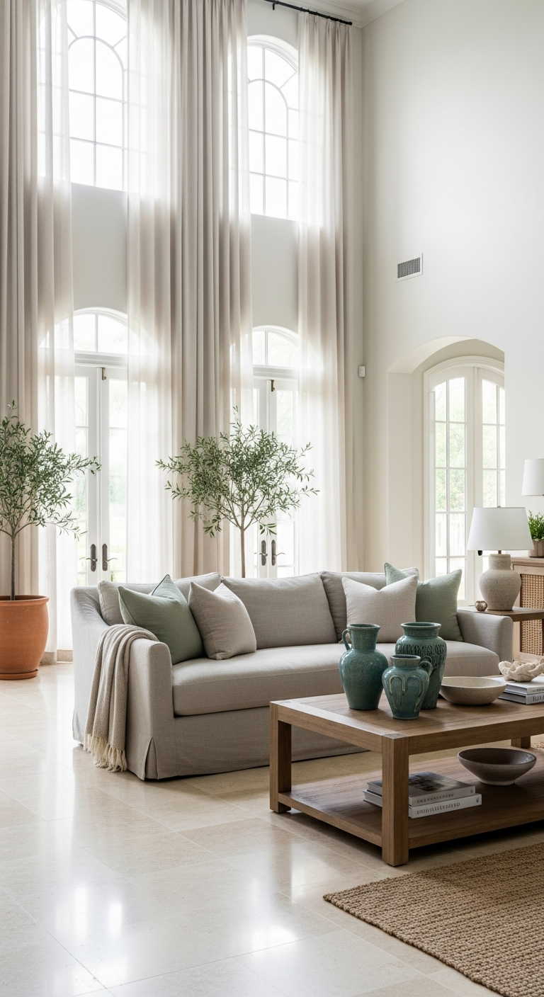 AI_IMAGE: Beautifully staged luxury living room interior for real estate photography, light-filled open space with high ceilings, natural linen sofa, warm wood coffee table, Mediterranean blue ceramic vases, large arched windows with sheer curtains, polished limestone floor, soft neutral palette with touches of terracotta and sage green, professional home staging for high-end property sale | photorealistic | portrait